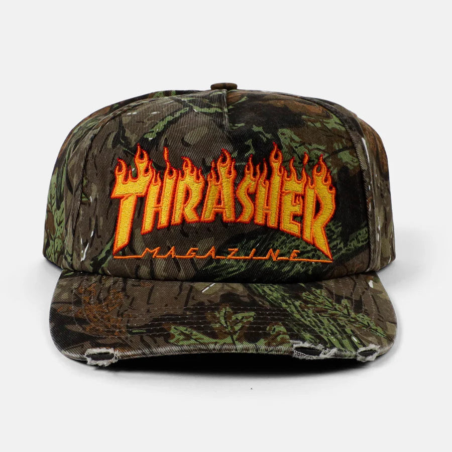 Thrasher Flame Distressed Camo Snapback Hat