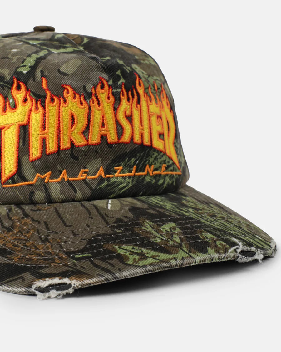 Thrasher Flame Distressed Camo Snapback Hat