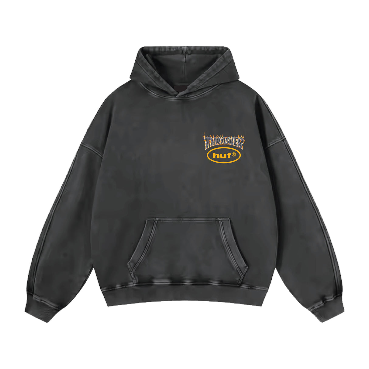 Huf X Thrasher Meltdown Heavyweight Washed Black Hooded Sweatshirt