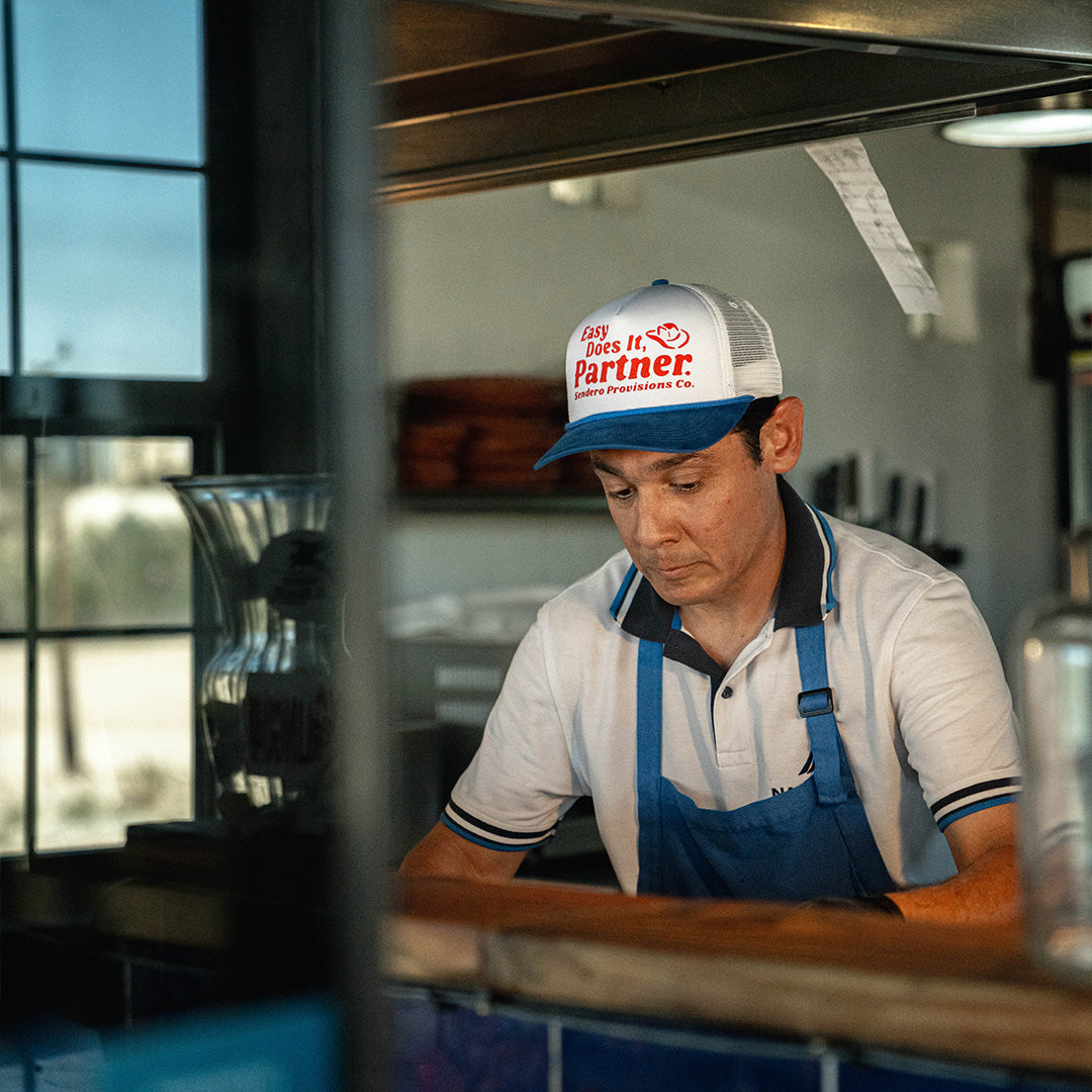 Sendero Easy Does It White Red Blue Foam Mesh Trucker Snapback Hat