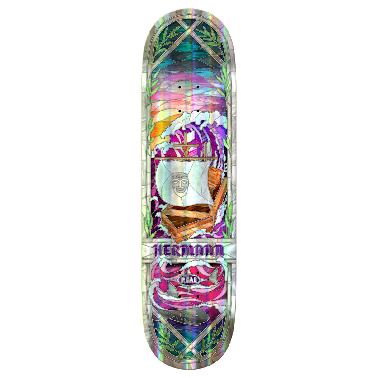 Real Hermann Holographic Rainbow Foil Cathedral 8.38" Full Se Skateboard Deck
