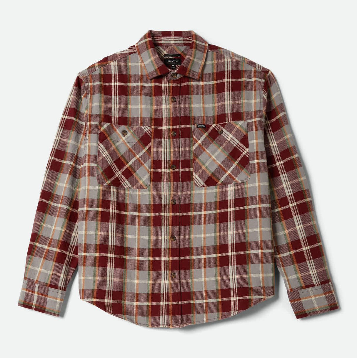 Brixton Vintage Wash Maroon Red Beige Green L/s Flannel Shirt