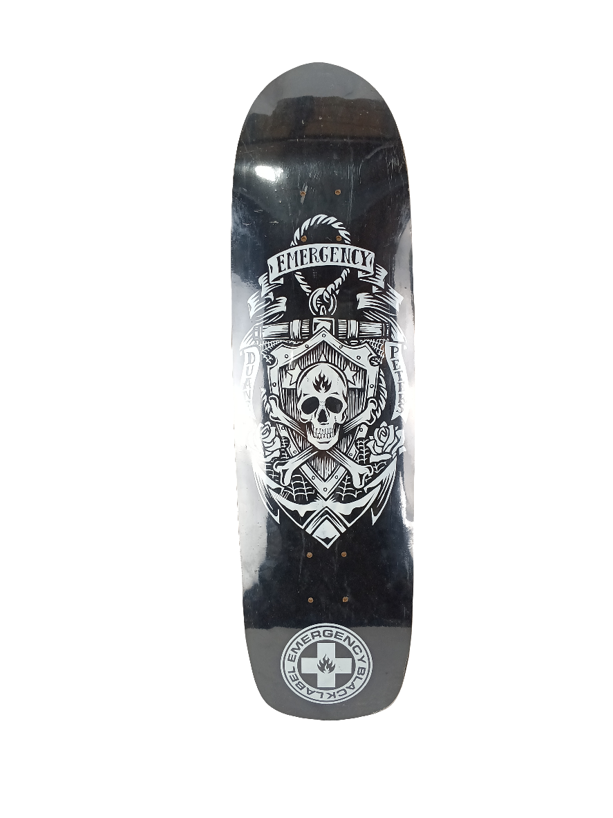 Black Label Duane Peters Emergency Skull & Crossbones Coat Of Arms Black White Size 8.75 Vintage NOS Shaped Deck