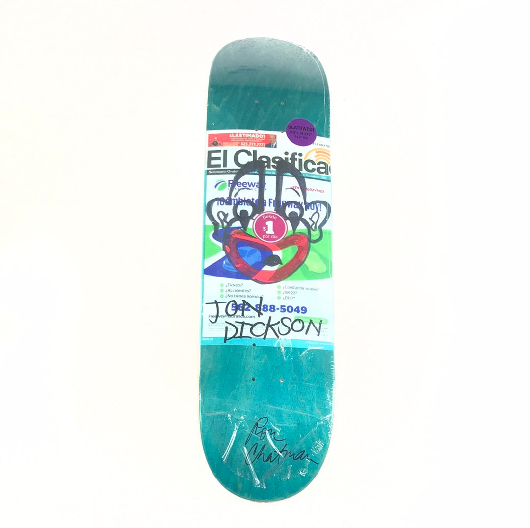 Deathwish Jon Dickson News Blue 8.0 Ron Chatman Signed Skateboard Deck