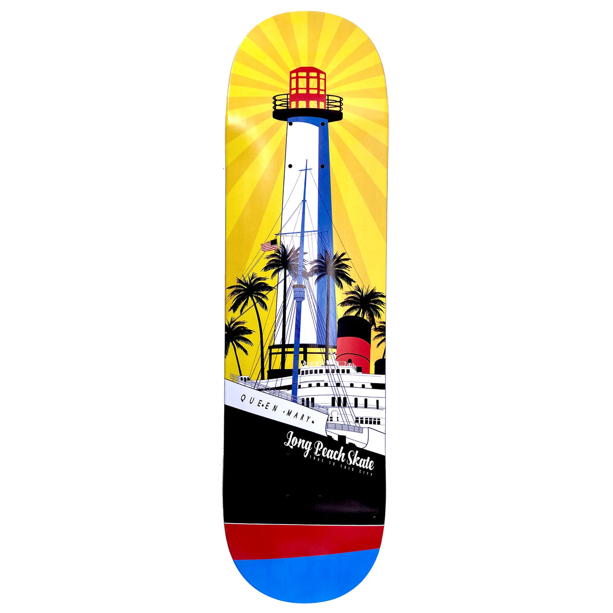 Long Beach Skate Co. "Rising Sun on Light Mary" Gold Red Blue 7.25" Mini Skateboard Deck