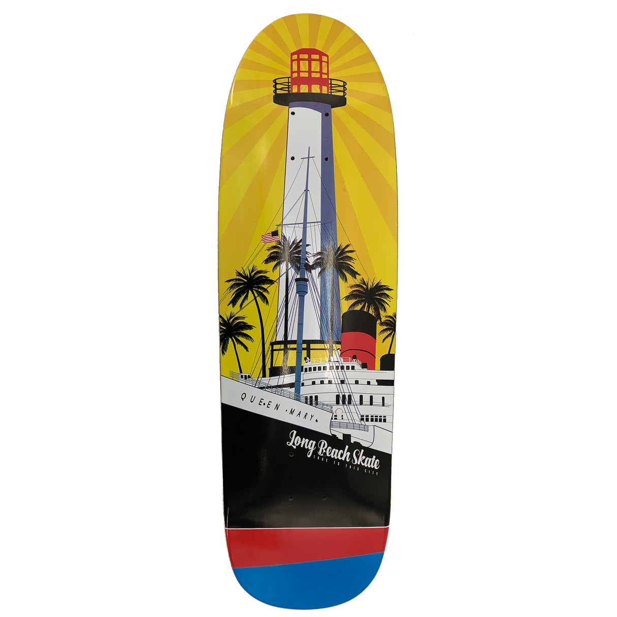 Long Beach Skate Co. "Rising Sun on Light Mary" Gold Red Blue GS5 Mini Shape Skateboard Deck