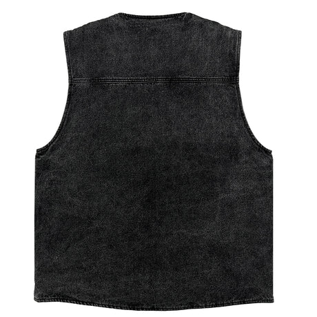 No Hours Crest Line Black Washed Denim Vest