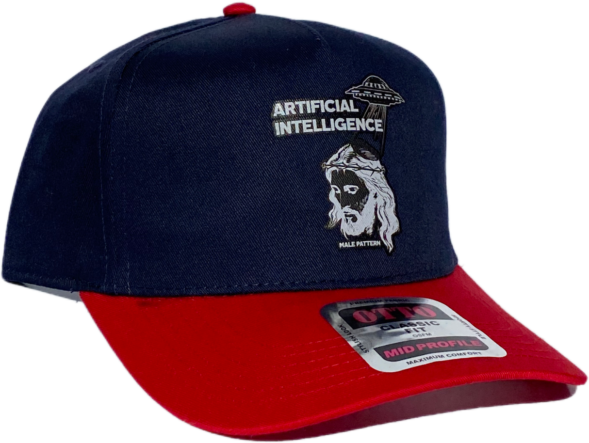 Male Pattern Artificial Intelligence Navy Red Trucker Hat