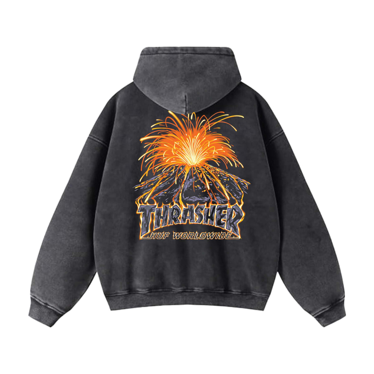 Huf X Thrasher Meltdown Heavyweight Washed Black Hooded Sweatshirt