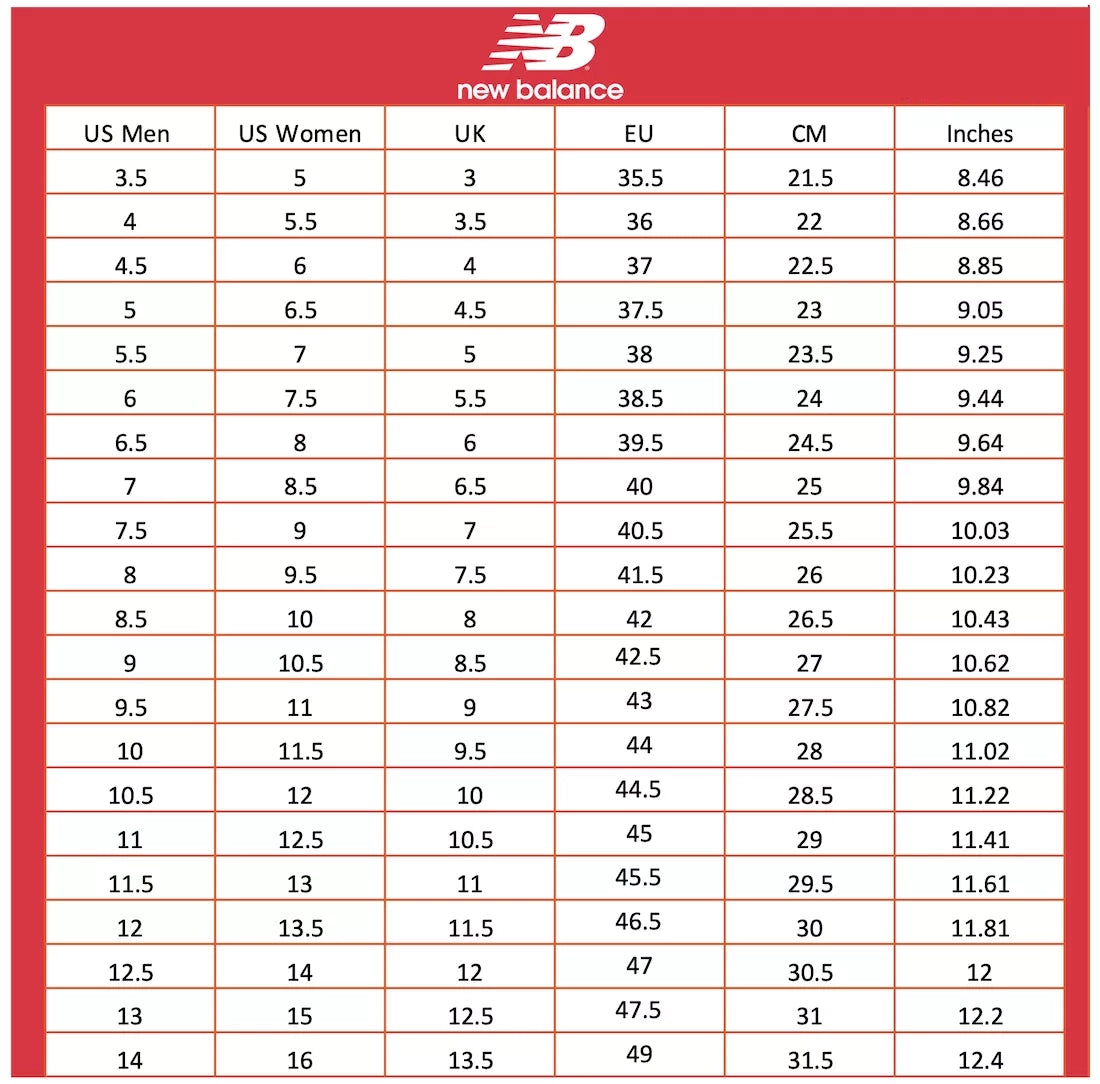 New Balance skate shoe foot measuring guide
