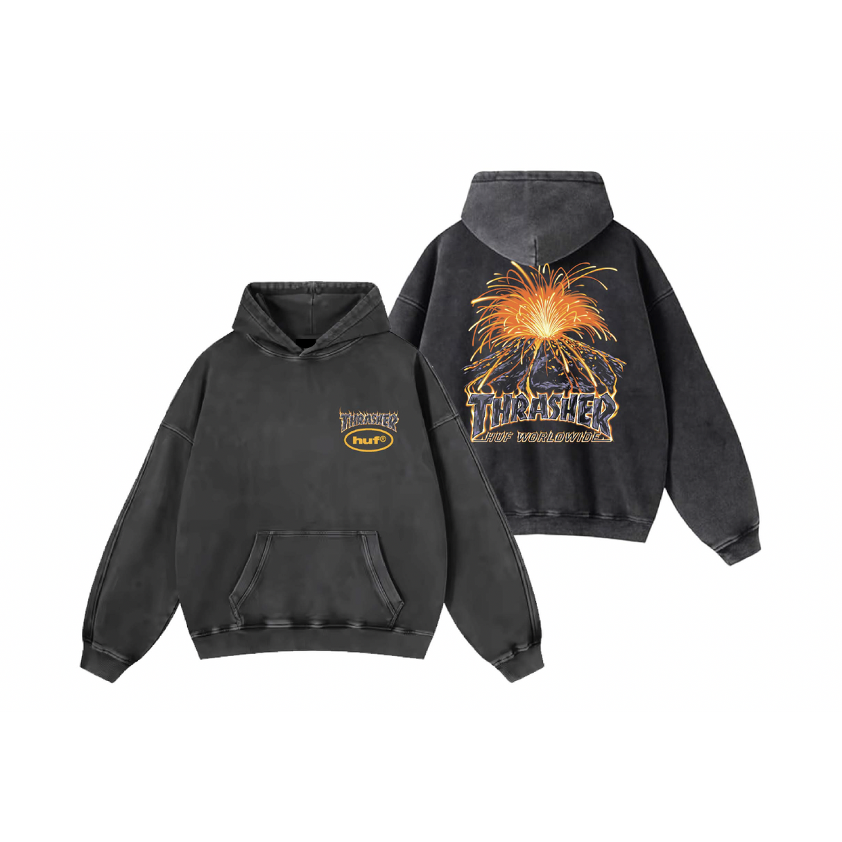 Huf X Thrasher Meltdown Heavyweight Washed Black Hooded Sweatshirt