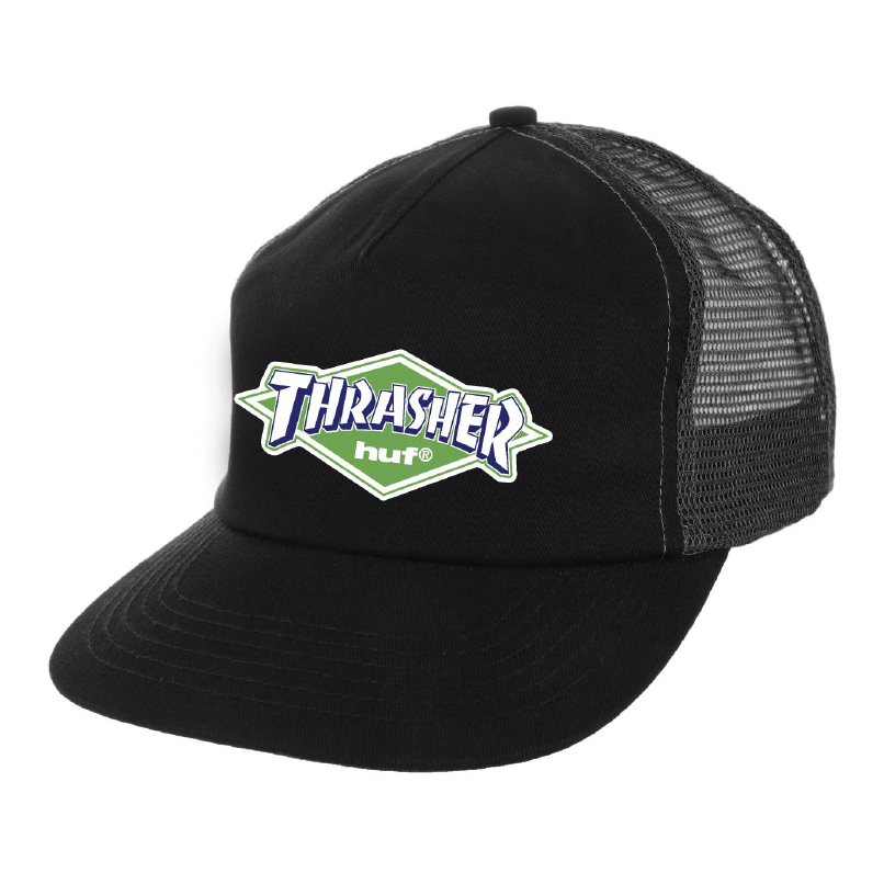 Huf X Thrasher Logo Black Trucker Snapback Hat
