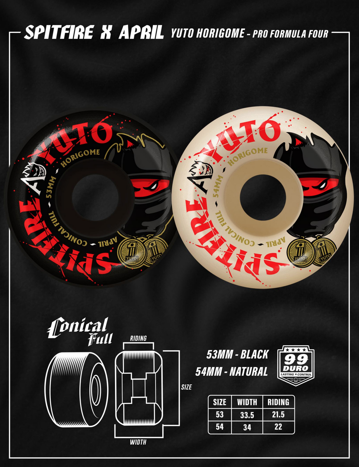 Spitfire x April Yuto Formula Four Conical Full 99D 53mm Black Skateboard Wheels