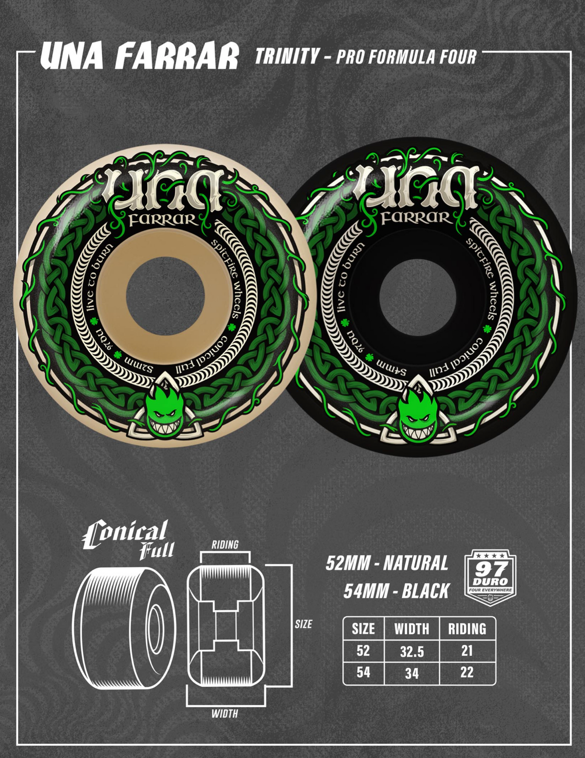 Spitfire F4 97A Una Trinity Conical Full 54mm Black Skateboard Wheels
