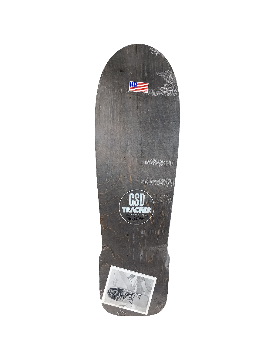 Tracker Skateboards Gary Scott Davis GSD Dinosaurs Black Woodgrain White Orange Screenprinted Size 9.25" Vintage Reissue Deck #22/100