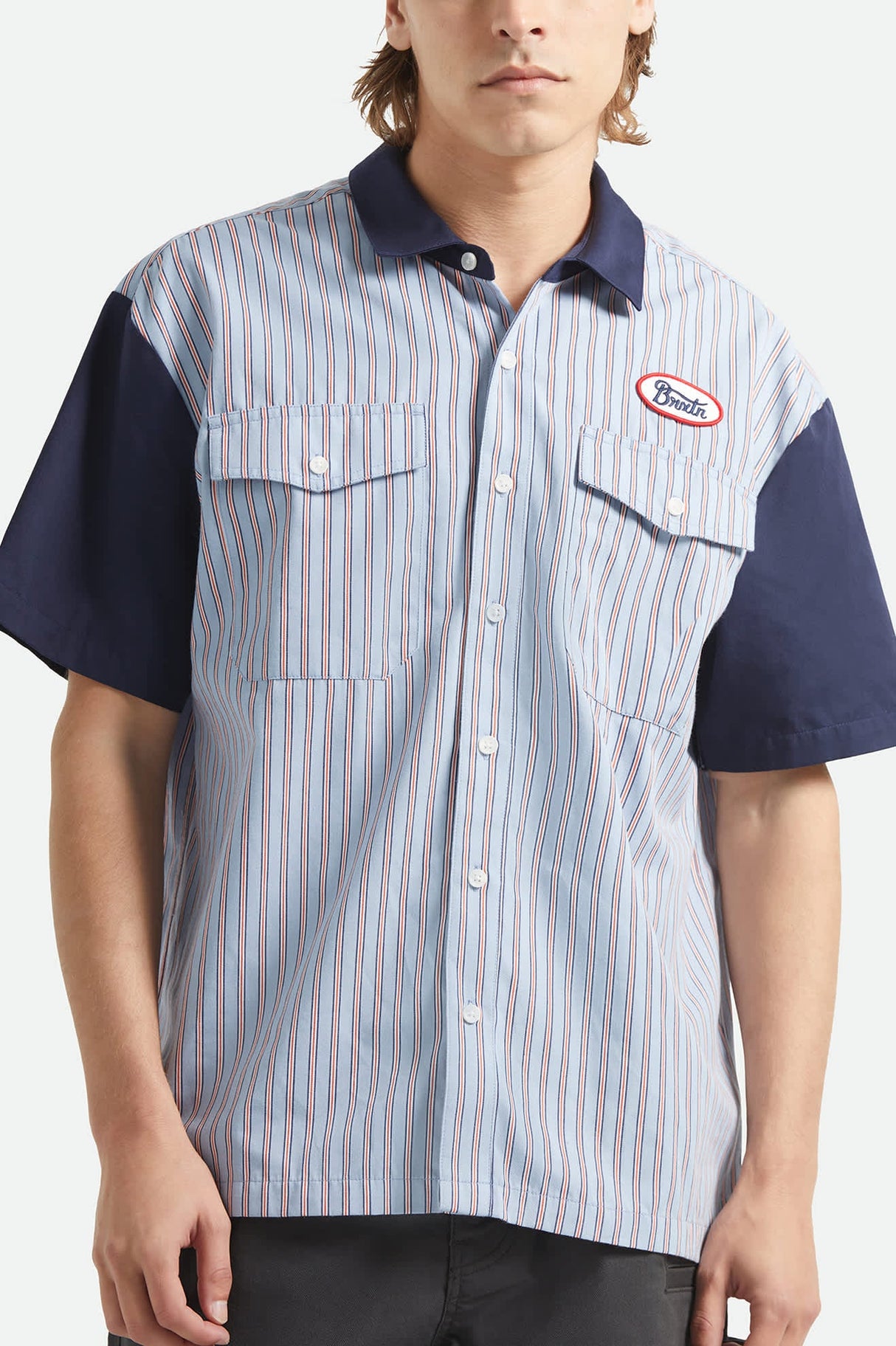 Brixton Builders Olson Blue Aura Stripe S/s Button Up Shirt