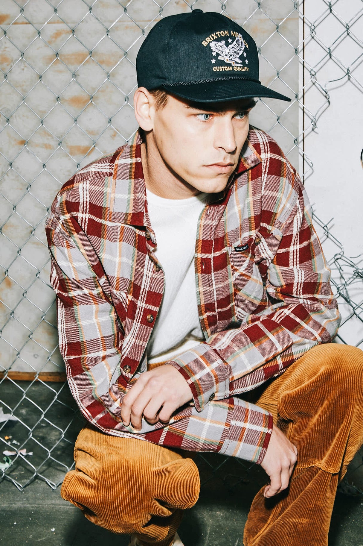 Brixton Vintage Wash Maroon Red Beige Green L/s Flannel Shirt