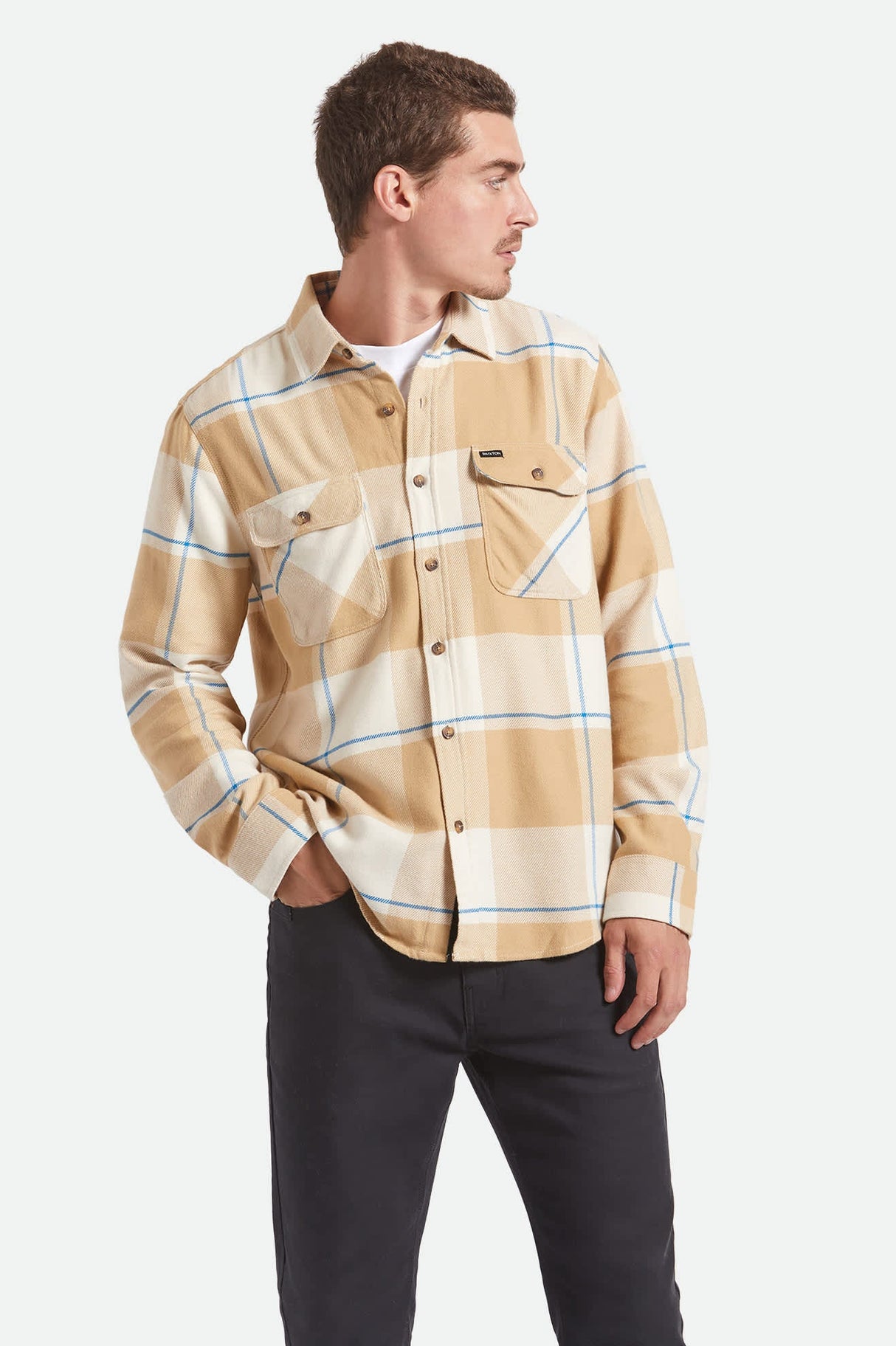 Brixton Bowery White Cap Sand Cyber Blue L/s Flannel Shirt