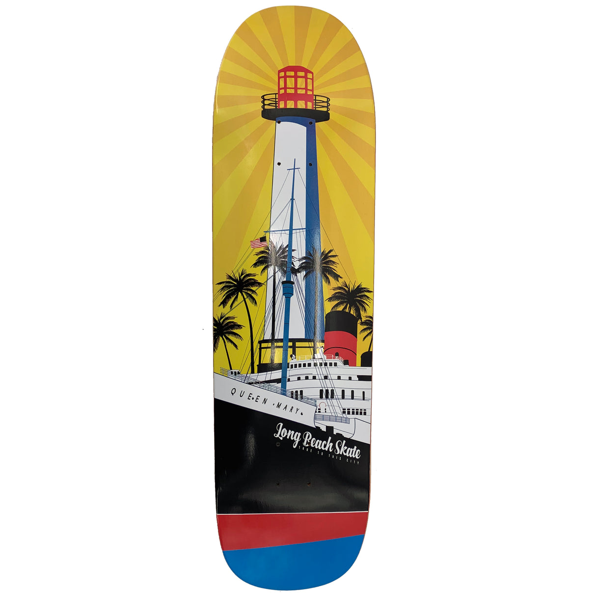 Long Beach Skate Co. "Rising Sun on Light Mary" Gold Red Blue GS7 Shape Skateboard Deck